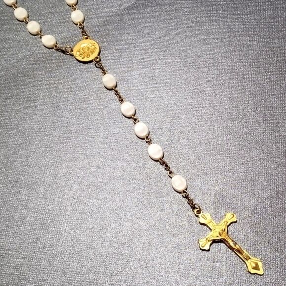 Vintage Catholic Rosary Faux Mother of Pearl Beads Gold Tone Crucifix - Picture 3 of 4